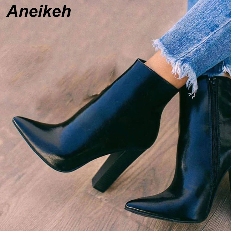Aneikeh 2021 New Spring/Autumn Fashion PU Chelsea Ankle Boots Pointed Toe Zip Women's Party Thick Heel Shallow black 35-40 | Обувь