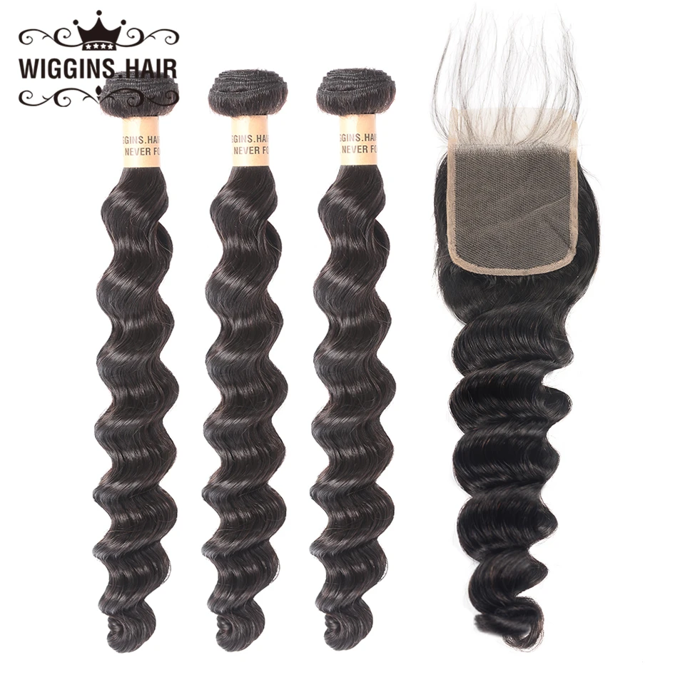 

Wiggins Hair Loose Deep Wave 3 Bundles With Closure 4x4 Lace Malaysian Remy Human Hair Bundles With Closure Natural Color