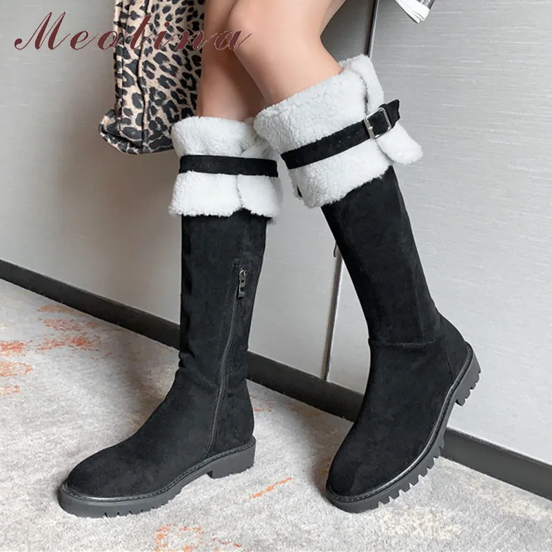 

Meotina Winter Over The Knee Boots Women Boots Wool Buckle Flat Long Boots Zipper Round Toe Shoes Ladies Autumn Black Size 34-39