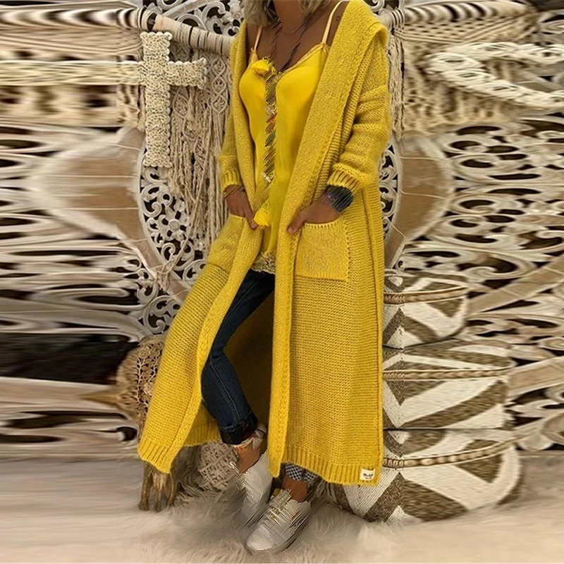 

Women's Sweater Autumn Winter Solid Outerwear Stylish Warm Long Sleeve Knitwear Hooded Ladies Plus Size Coat