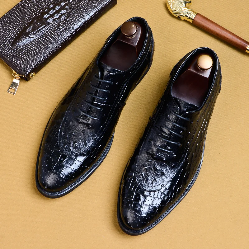 

Crocodile Grain Black/Coffee Mens Lace-Up Dress Leather Shoes Round Toe Business Formal Oxfords Shoes