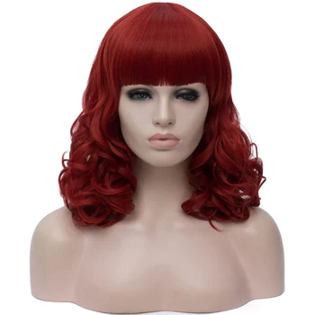 

GAKA Synthetic Curly Bob Wig with Bangs Wig Wine Red Color Shoulder Length Wigs for Women Synthetic Cosplay