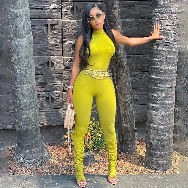 

Women Sleeveless Jumpsuit Romper Bodycon Jumpsuit Autumn Elastic Round Collar Sport Casual Pleated Solid Color Wear Jumpsuit