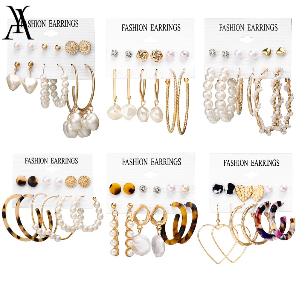 

Bohemian Mixed Round Knot Heart Irregular Simulation Pearl Earrings Set Fashion Geometric Acrylic Tortoise Shell Drop Earrings