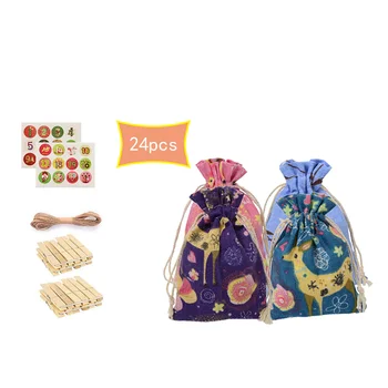 

24PCS Christmas Fawn Cotton Gift Bag Printed Bouquet Mouth Ornament Candy Packaging Cotton Linen Bag