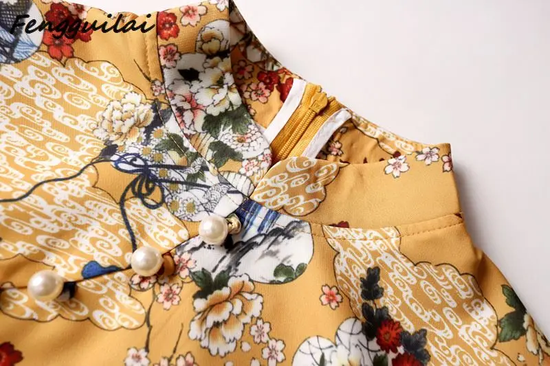 Винтаж китайский Стиль мини желтый Cheongsam Для женщин с жемчугом и атласной лентой, Qipao летние пикантные вечерние платье Mujer Vestidos плюс Размеры S-3X