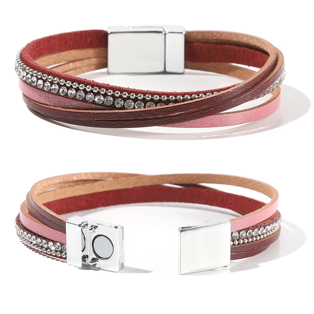 WYBU 41 Chakra Bracelet for Women with Colorful Stone Leather Wrap Healing Bead Bracelet Megnet Snap Boho Braclet Femme Jewelry