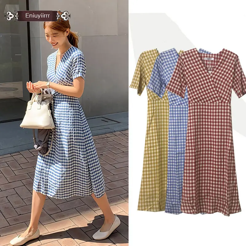 

Plaid Dresses Long Hot Sales Woman Fashion Summer Short Sleeve V Neck Korea Temperament Lady Cotton Dress Blue Red E00
