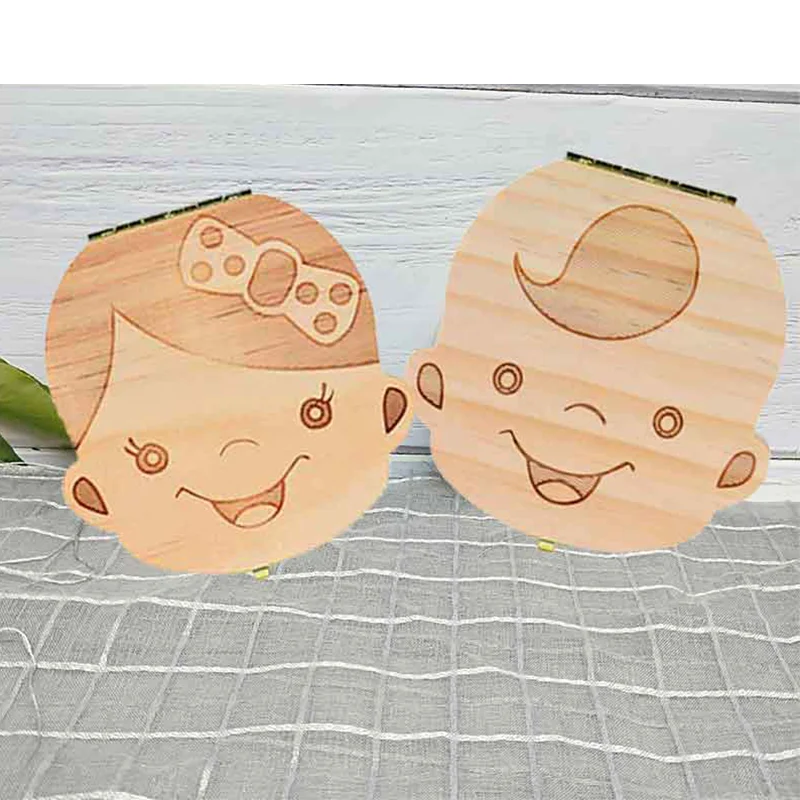 Caja de madera para dientes de bebé, organizador para dientes de leche en español/inglés/holandés/ruso/francés/italiano, almacenamiento de recuerdos para bebés, regalo