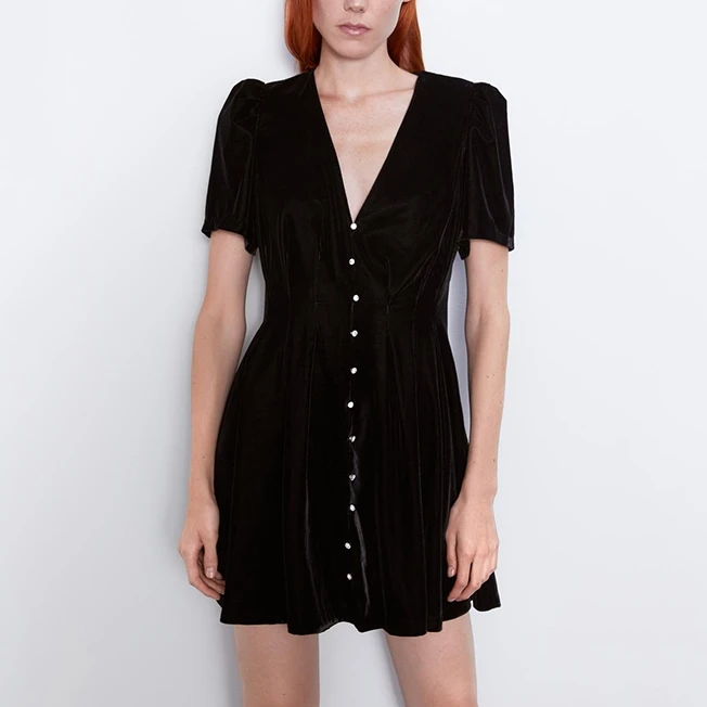 

2019 New Gold Velvet Black Dress Short Sleeve Button V-neck Office Lady Pleated French Retro Mini Dress Women Party Dress