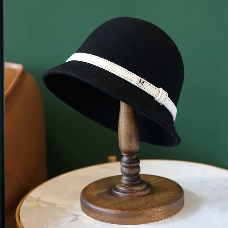 Топ Элегантный черный серый Клош женская шапка теплый женский шерстяной шляпы дамы Fedoras ведро зимняя шапка классический ремень церкви котелок шапки