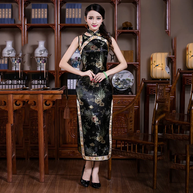 Новинка, цветочный принт, Женский Qipao, изящный, темно-синий, Cheongsam, винтажный воротник-стойка, Vestidos, классическое тонкое длинное китайское платье