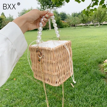 

[BXX] Vintage Weave Box Handbags For Women 2020 Summer Lady Travel Crossbody Shoulder Bags Female Pearl Handle Chain Bag HN474