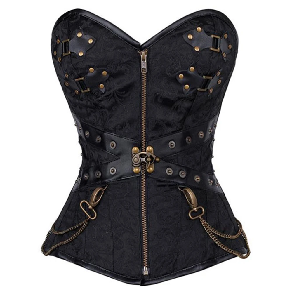 

Women's Faux Leather Steel Boned Bustiers Corsets Vintage Steampunk Cool Warrior Chain Design Brocade Zip up Corselet with Thong