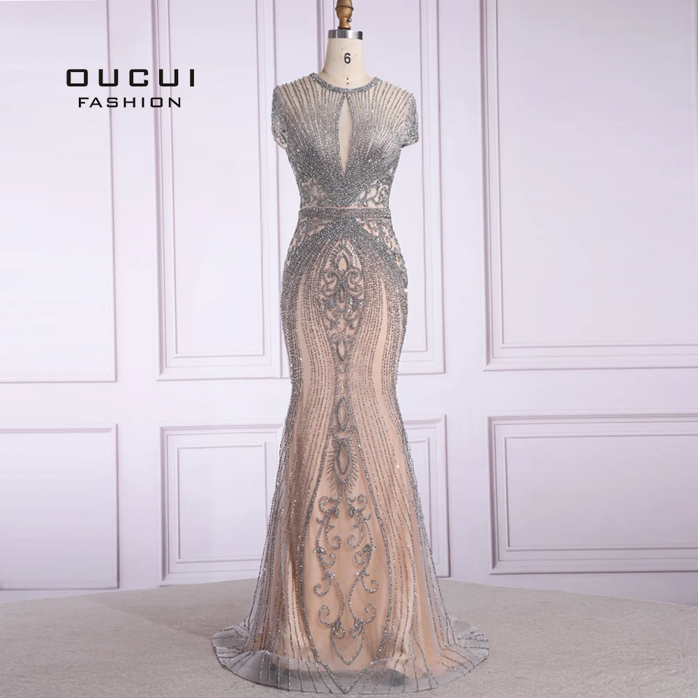 Kaufen Oucui Dubai Perlen Prom Kleid Sexy Luxus Diamant Ärmel Nude Mermaid Lange Abendkleid Formale Kleid Robe De Soiree OL103466