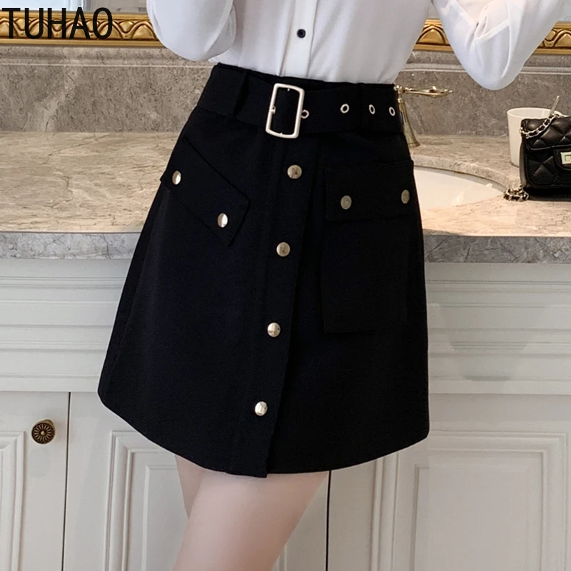 

TUHAO 2019 autumn elegant Black High Waist Work wear Skirt Office Ladies Button Up Denim Stretchy Women Skirts WM29