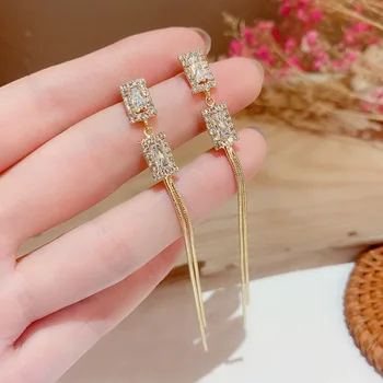 

Elegant High Grade Sense Geometry Square Zircon Earrings Female South Korea New Style Fashion Long Tassels Earrings Silver Needl