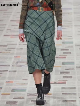 

Three-color Free Shipping High Waist Bandage Retro Checkered A-line Skirt Ladies Autumn New Fashion All-match Catwalk