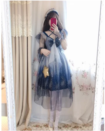Kawaii girl gothic lolita op loli grenadine fairy bowknot flying sleeve victorian dress Gorgeous starry sky sweet lolita dress