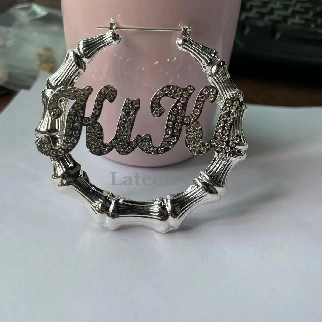 Stainless Steel Bamboo Hoop Earrings Customize Name Earrings Bamboo Style  Earring With White diamond for Mother's Day Gift