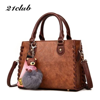 

21CLUB Brand Small Solid Color Simple Hairball Strap Ladies Totes Shopping Working Purse Women Messenger Bags Female Handbags