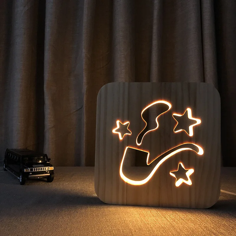

tobacco pipe Wood Carved Led Nightlight USB plug 3D Warm desk Night light Wooden hollow solid pine bedroom LED Table Lamp