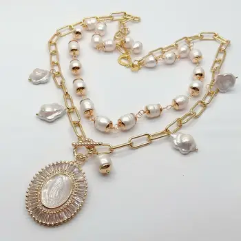 

2 Strands White Rice Pearl Chain Necklace White Shell Virgin Mary Charm Pendant