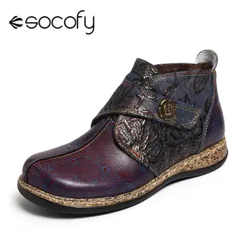 

SOCOFY Vintage Boots Printed Genuine Leather Splicing Hook Loop Flat Ankle Boots Elegant Shoes Women Shoes Botas Mujer 2020