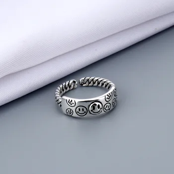 2021 Vintage Ancient Silver Color Happy Smiling Face Open Rings for Women Men Unisex Hip Hop Adjustable Ring Fashion Jewelry