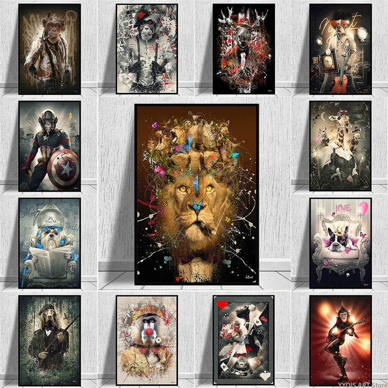 

Abstract Graffiti Smoking Monkey Canvas Painting Lion Dog Animal Poster Print Quadros Wall Picture for Room Hoom Decor Cuadros