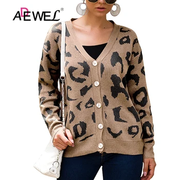 

ADEWEL Khaki White Leopard Print Button V Neck Long Sleeve Women T Shirt Sueter Mujer Invierno 2019 Polera Transparencia Tops