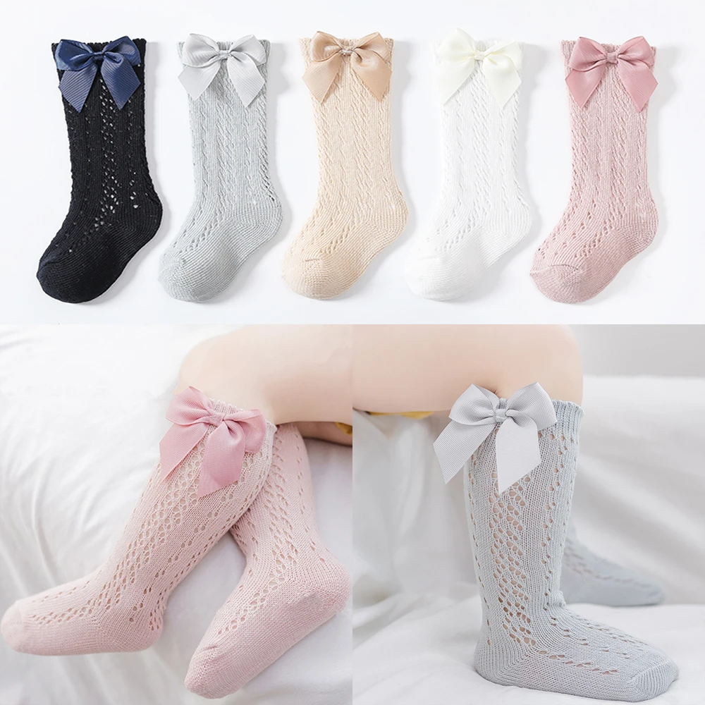 New Brand Toddlers Girls Socks Baby Bow Long Sock Kids Knee High Cotton Mesh Spanish Style