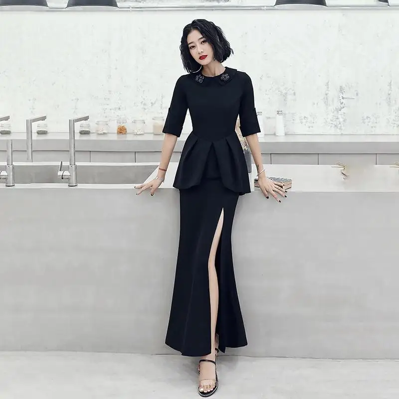 Lady Big Size 3XL Slim Pleated Evening Party Dress Exquisite Puff Sleeve V-neck Cheongsam Sexy Black Long Qipao Vestidos Defesta - Цвет: Style 3