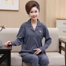

Fdfklak M-4XL Elegant Middle Aged Mother's Pajamas Set Long Sleeve Pant Sleepwear Women Suit Large Size Cotton Home Clothes