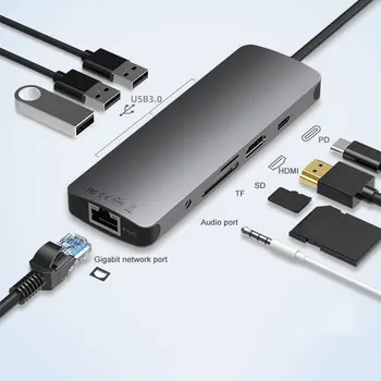 

9 in 1 Type C To HDMI Network Card PD Fast Charging Docking Station Card Reader Converter Hub Splitter