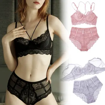 

2 PCS Women Fashion Underwear Set Lace Push up Bra See Through High Waisted Brief Panties TC21