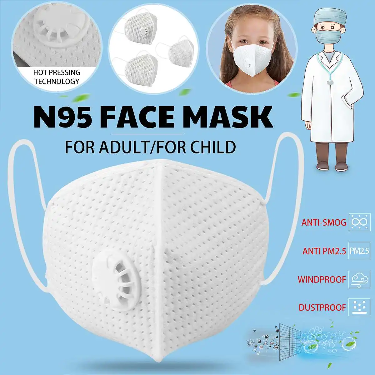 

In Stock N95 Reusable Mask FFP2 Anti Dust Face Mask Children Adult PM2.5 Anti Fog Haze Respirator Valve Thicken Layers Masks