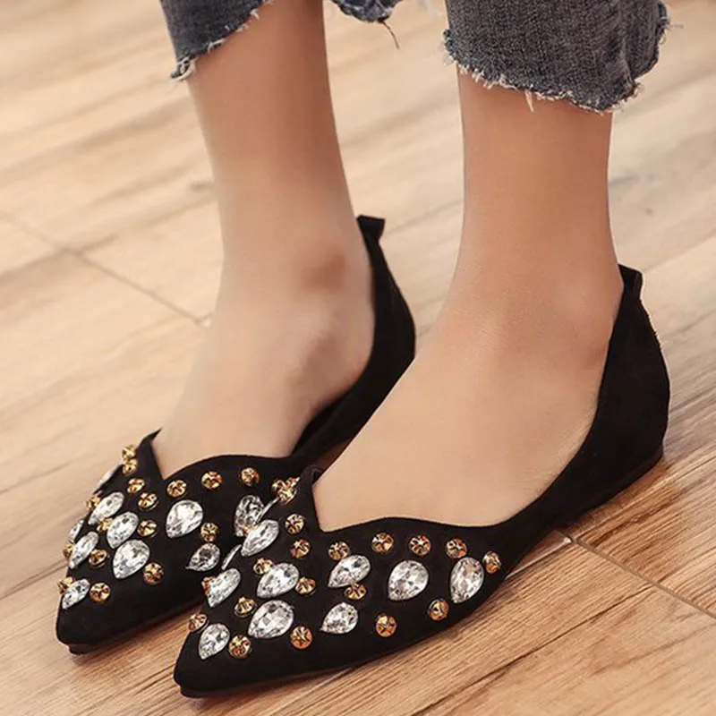 

Crystal Studs Pointed Toe Flock Ballet Flats Women Espadrilles Lazy Shoes Women Ballerina Metal Rivets Paillette Moccasins 2020