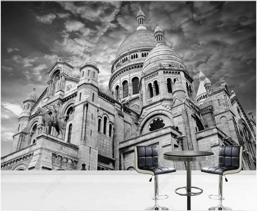 

Настенные 3d фотообои на заказ, HD декор для гостиной, в рулонах, черно-белые обои с изображением парижа, священного сердца, собора