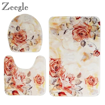 

Zeegle 3pcs Bath Mat Set Anti-slip Toilet Pedestal Rug Foot Mat Bathroom Doormat Absorbent Toilet Seat Cover Washable Toilet Set