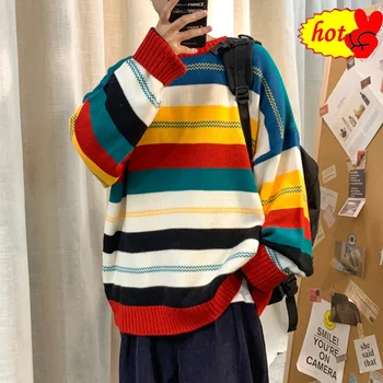 

Fashion Crew Men's Neck Rainbow Stripe Kniting Sweaters Warm Pullover Mix Colors