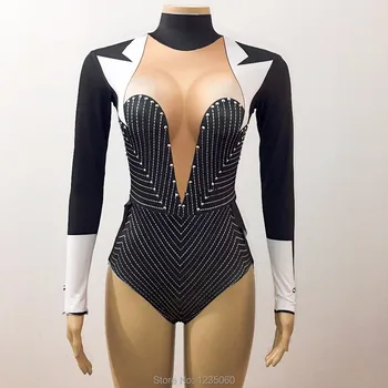 

Sexy Black Stage Bodysuit Teacher Tuxedo Costume Bling Rhinestones Leotard Outfit Party Celebrate Wear Singer Performance