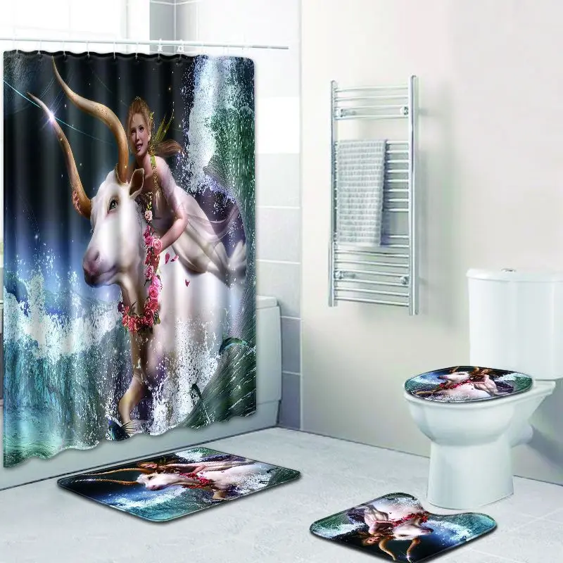 

4PCS/SET Cartoon Print Waterproof Shower Curtain Bathroom Polyester Fabric Toilet Seat Cover Anti-slip Bath Mat Home Decor Gifts