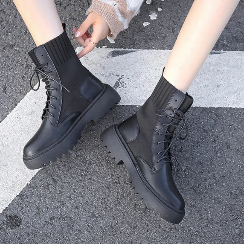 Новое поступление; Ботинки martin; женские мотоциклетные ботинки; женская обувь; модные эластичные ботильоны на шнуровке; Цвет Черный; botas mujer