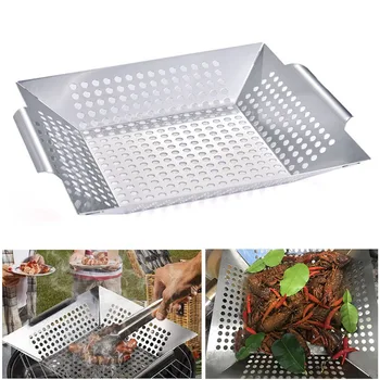 

Stainless Steel Barbecue Basket Grill Pan with Leaking Plate BBQ Drainer Drying Pan Fried Chicken Pan Food Vegetable Basket Tray