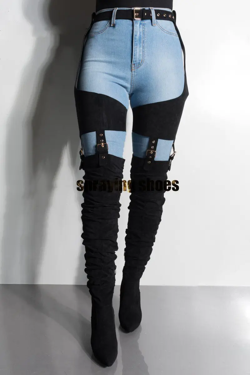 Wild Sexy Belted Thigh High Boots Women Chunky Heels Pointy Toe Winter Boots Red Fashion Ladies Shoes Chap Boots Woman