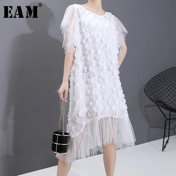 

[EAM] Women White Patch Mesh Split Long Dress New Round Neck Short Sleeve Loose Fit Fashion Tide Spring Summer 2020 1T967