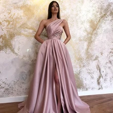 

Weilinsha Dusty Pink Prom Dresses One Shoulder Sleeveless Pleat A Line Evening Dress Sweep Train Dubai Party Gowns 2022 Design