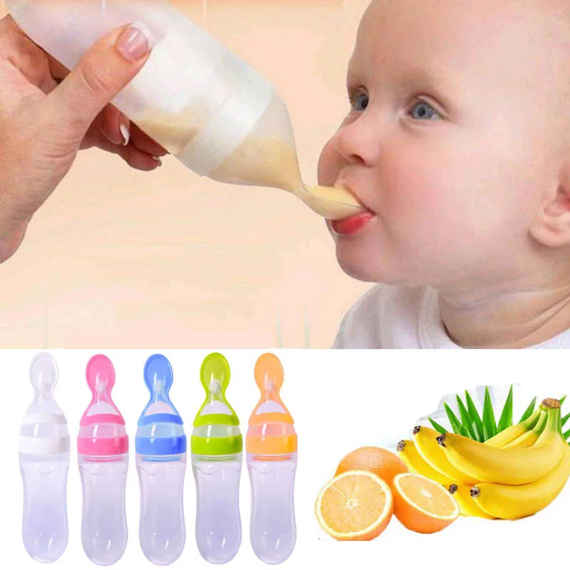 

90ML Newborn Baby Squeezing Feeding Bottle Spoon Soft Silicone Training Feeding Rice Spoon Safety Utensils Tableware Food Feeder