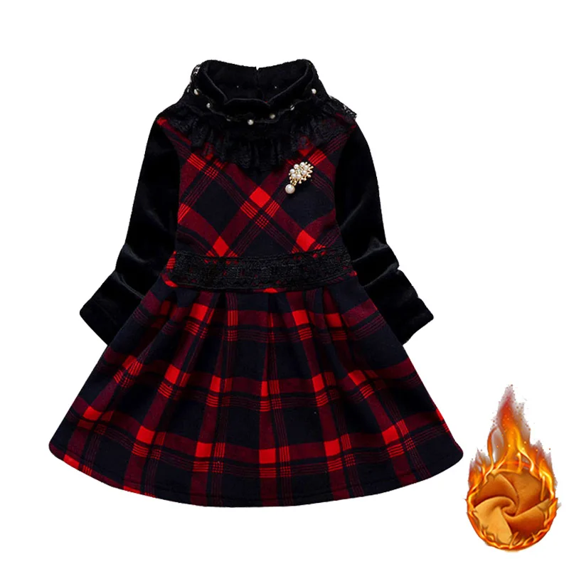 Girls Plus Velvet Padded Dress Winter New Korean Children's Clothing High Collar Warm Plaid Dress for Girl Christmas Dress